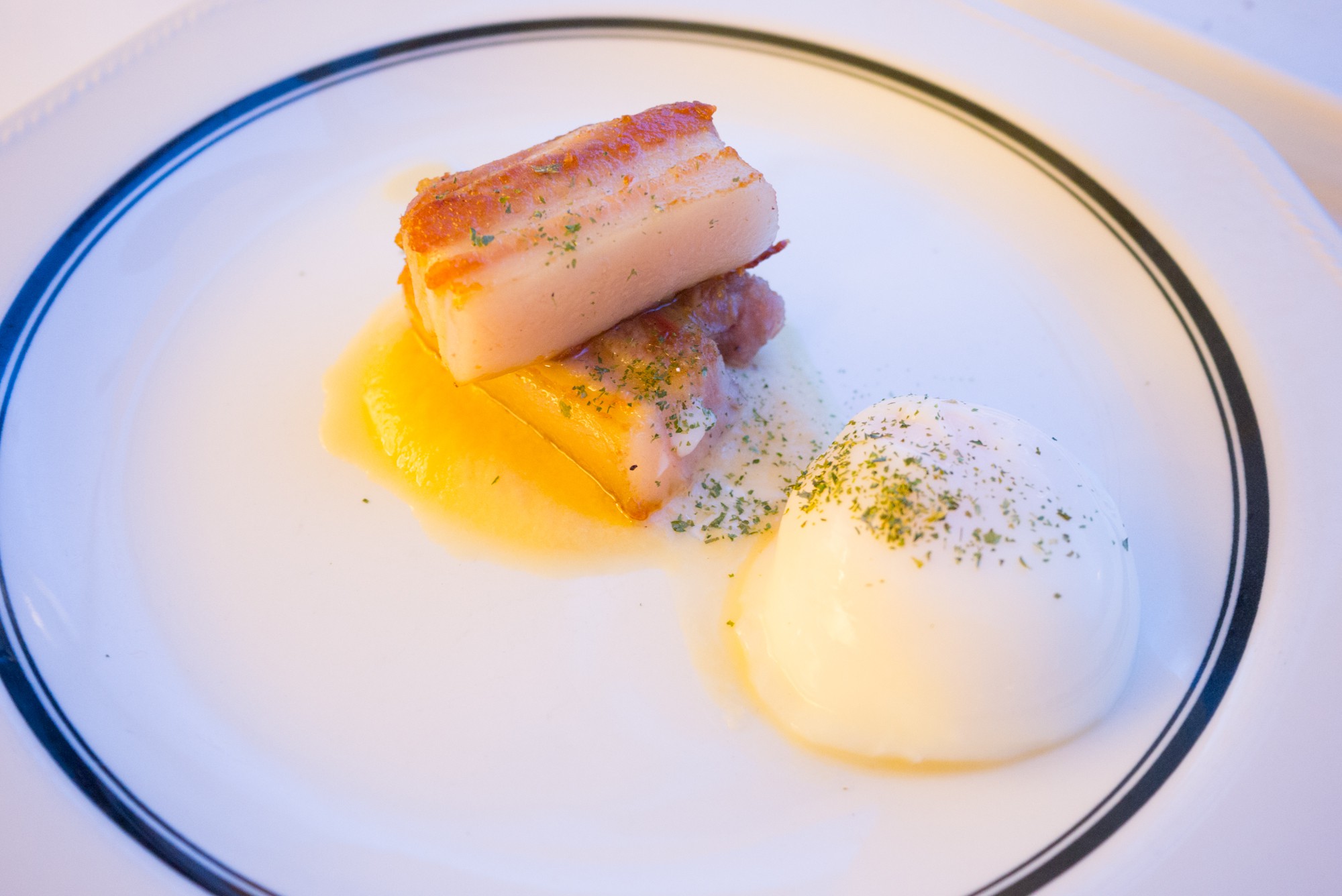 36h Pork Belly, Low-temp Egg and Apple+Pineapple Purée